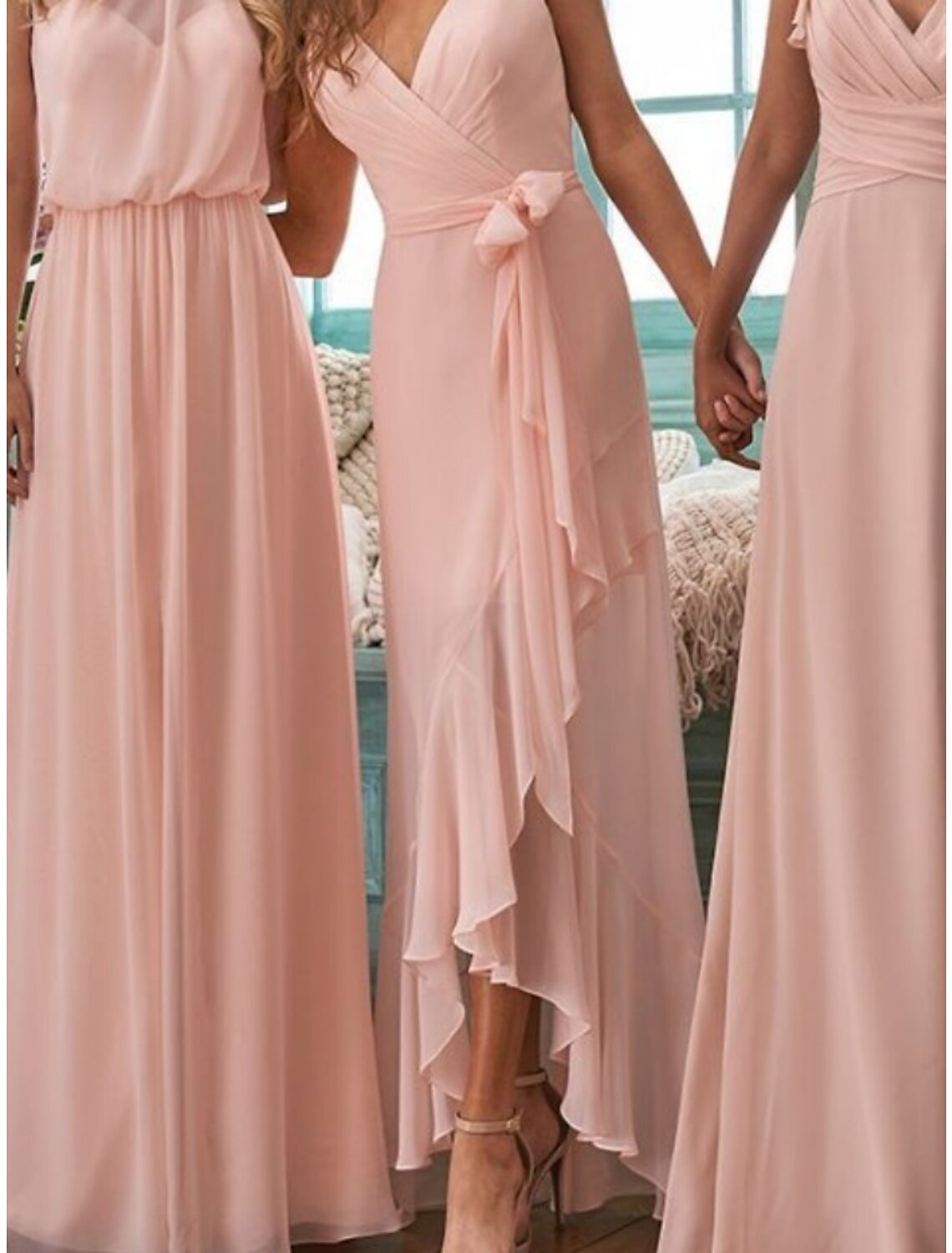 Luolandi A-Line Bridesmaid Dress Halter Neck / V Neck Sleeveless Elegant Floor Length Chiffon with Split Front / Ruching